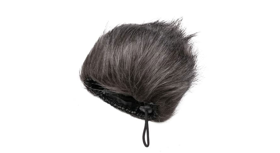 Gray furry microphone windscreen with drawstring