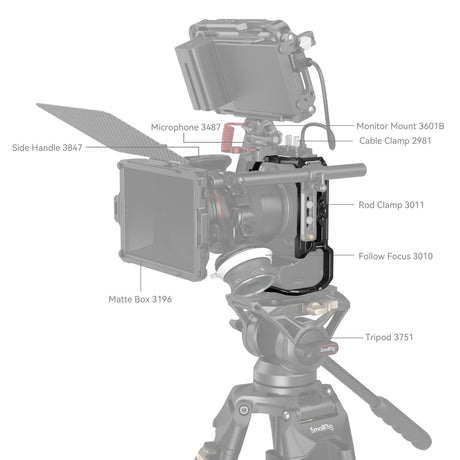 Camera cage on tripod rig, showing side handle, matte box area, and follow-focus section