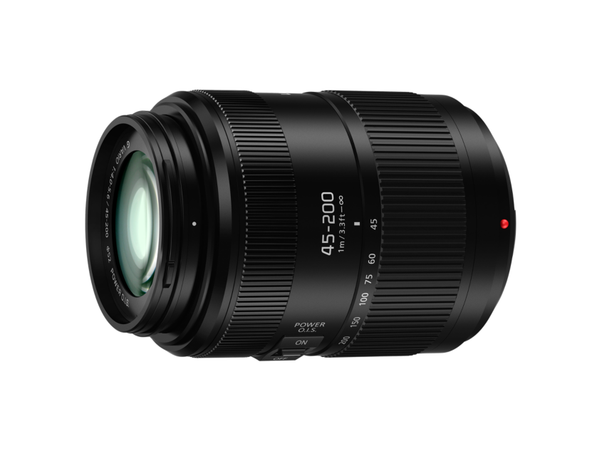 Black 45-200mm MFT telephoto lens from side, textured focus ring and zoom scale