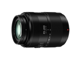 Black 45-200mm MFT telephoto lens from side, textured focus ring and zoom scale