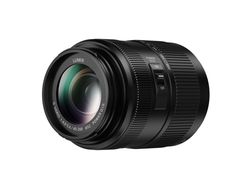 Black 45-200mm MFT lens from front three-quarter, POWER O.I.S. controls visible