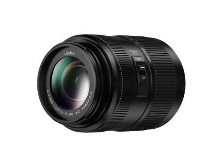 Black 45-200mm MFT lens from front three-quarter, POWER O.I.S. controls visible