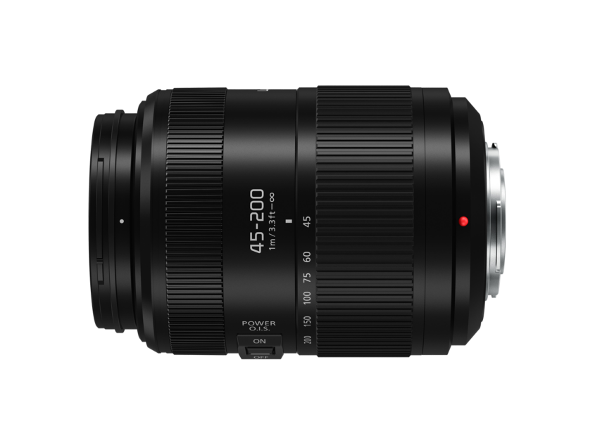 Black 45-200mm MFT lens side view, O.I.S. switch and distance markings on barrel
