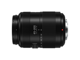 Black 45-200mm MFT lens side view, O.I.S. switch and distance markings on barrel