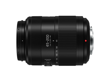Black 45-200mm MFT lens side view, O.I.S. switch and distance markings on barrel