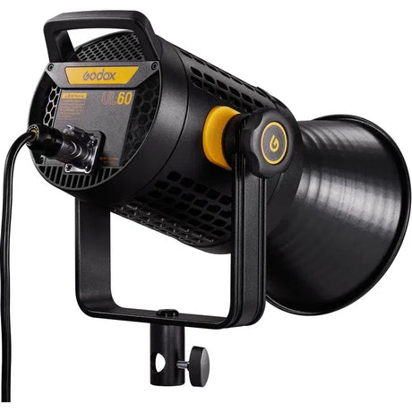 Godox UL60 black LED video light with silver reflector and yellow power switch
