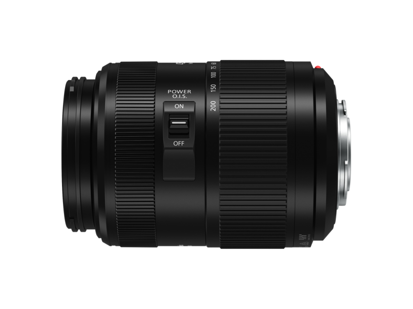 Black 45-200mm MFT lens close side view, POWER O.I.S. on/off switch and ridges