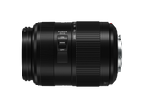 Black 45-200mm MFT lens close side view, POWER O.I.S. on/off switch and ridges