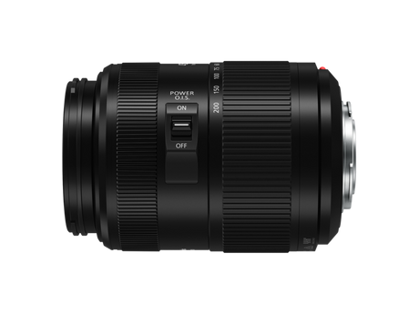 Black 45-200mm MFT lens close side view, POWER O.I.S. on/off switch and ridges