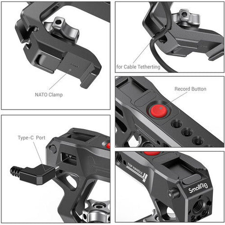 NATO clamp top handle detail with Type-C port and red record button