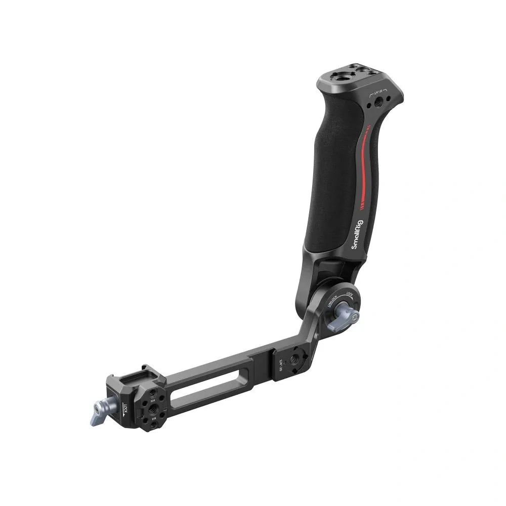 Black gimbal handle with mounting bar and pivot joint for stabilization rigs