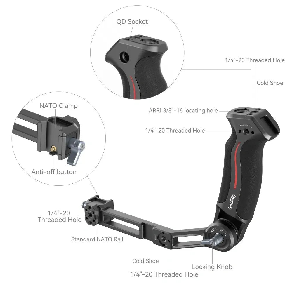 Gimbal handle mount with NATO clamp, QD socket, cold shoe, and 1/4-20 holes