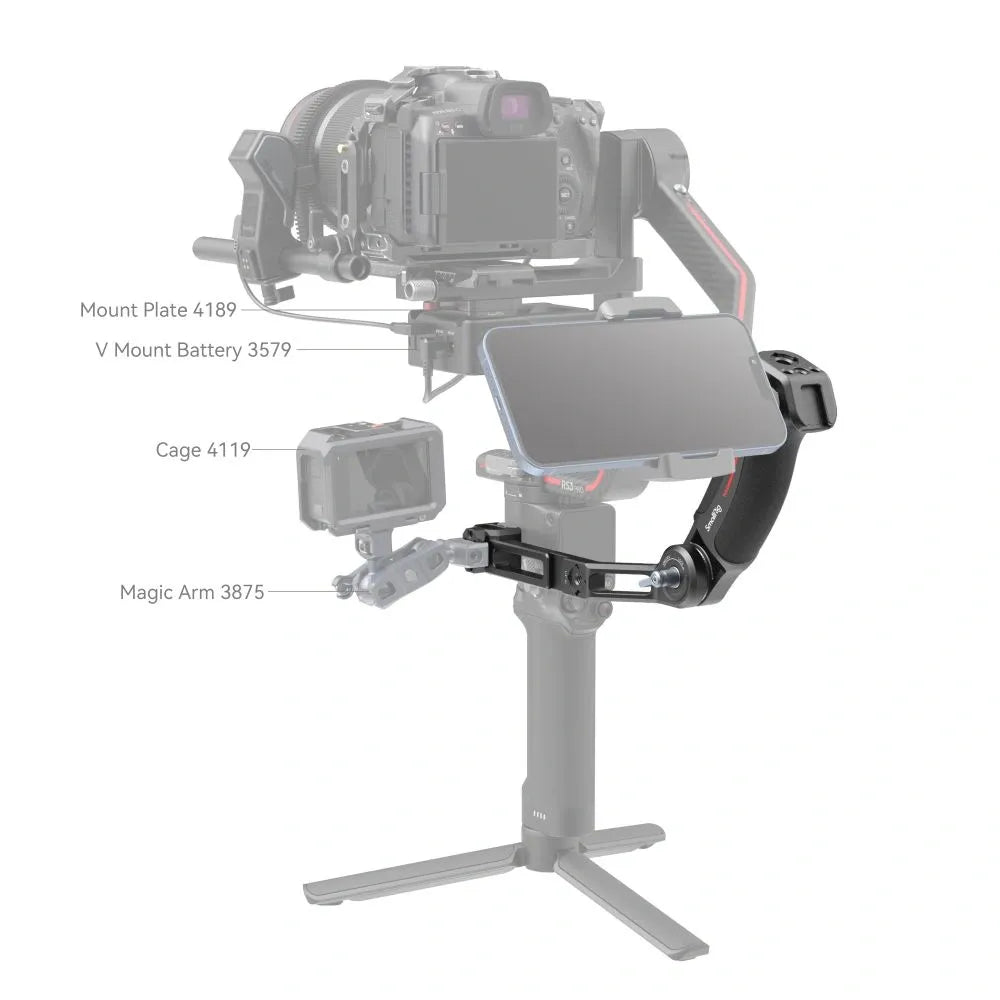 Swivel handle mount for camera rig, with mounting plate and accessory rail