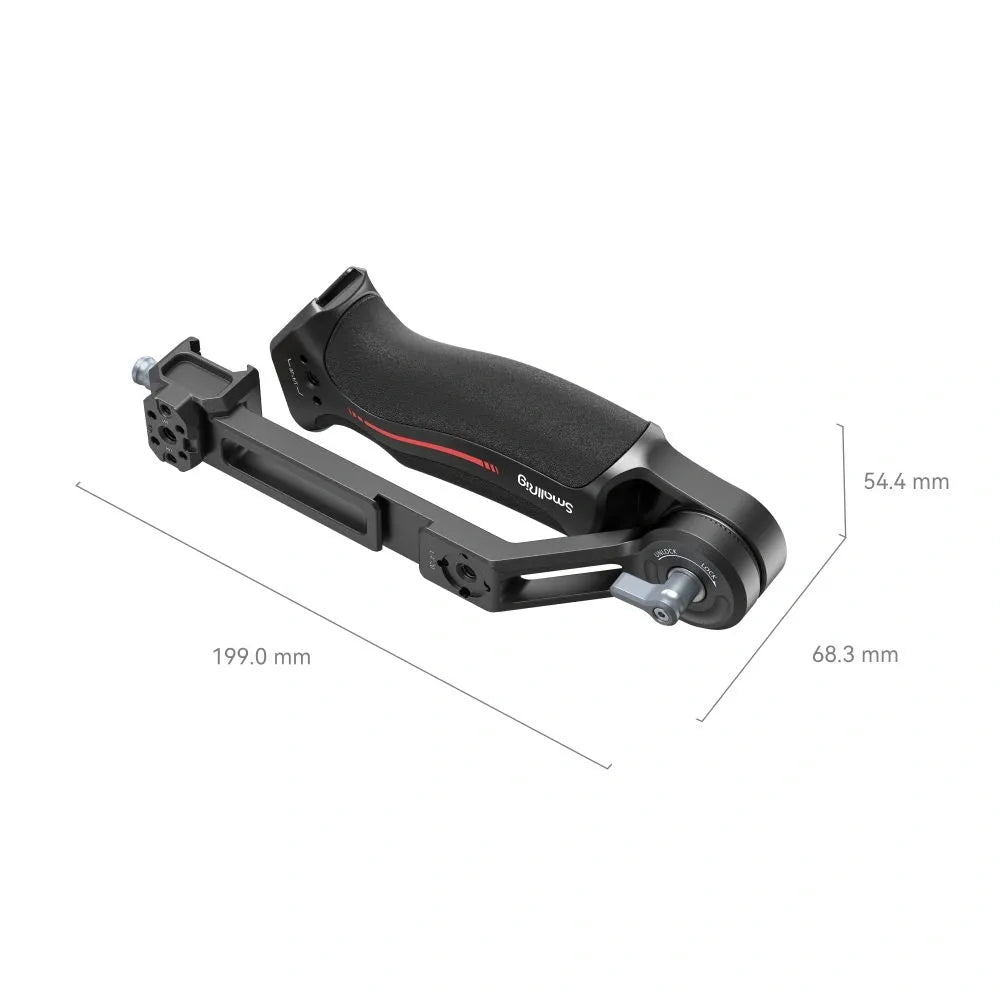 Gimbal handle stabilizer mount with bar and pivot joint, overall size shown