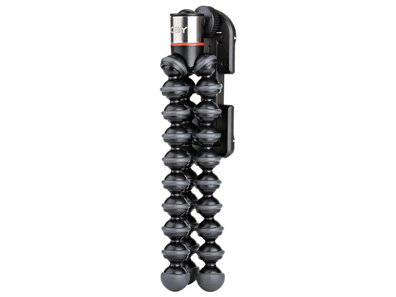 Close-up of flexible tripod head and phone clamp with black bendable legs