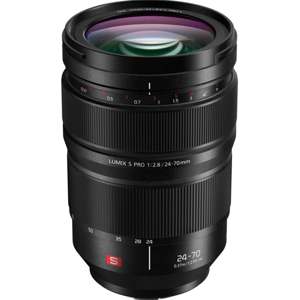Lumix S Pro 24-70mm f/2.8 lens, black body with ridged focus and zoom rings