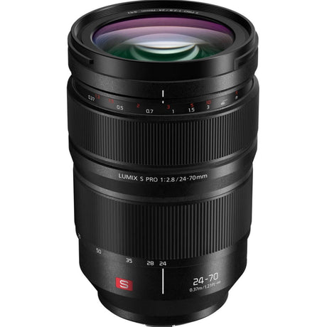 Lumix S Pro 24-70mm f/2.8 lens, black body with ridged focus and zoom rings