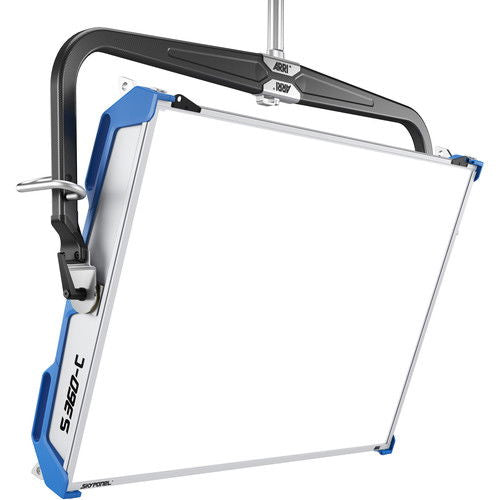 SkyPanel S360-C LED video light with hinged frame and barn doors, white diffuser