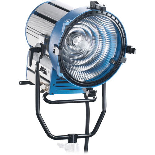 Blue stage light with circular reflector and metal mounting yoke, front view