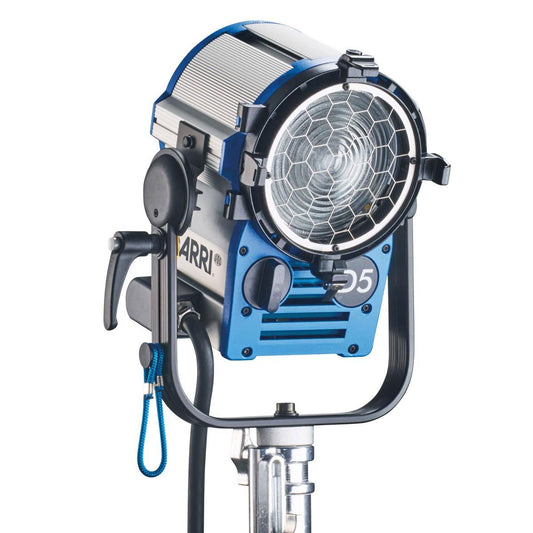 Blue HMI Fresnel D5 studio light with front lens and hex reflector