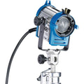 Blue 150 Fresnel spotlight with circular lens, yoke mount and control knobs