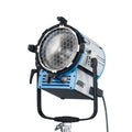Blue ARRI ST2/3 stage light with front reflector grille and barn doors