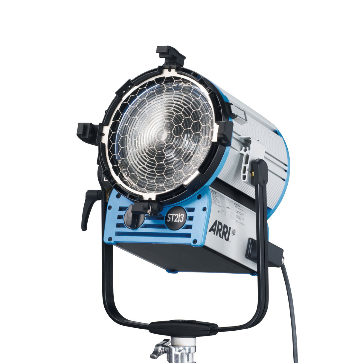 Blue ARRI ST2/3 stage light with front reflector grille and barn doors