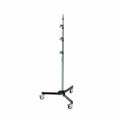 Lighting stand roller base with tall metal pole and caster wheels