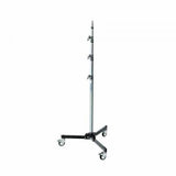 Lighting stand roller base with tall metal pole and caster wheels