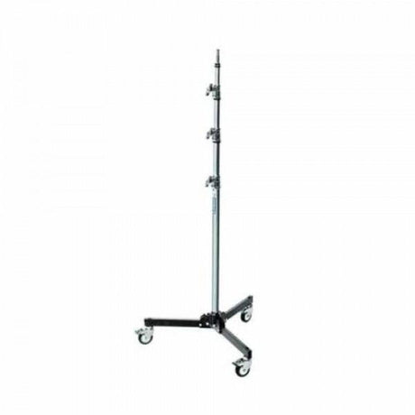 Lighting stand roller base with tall metal pole and caster wheels