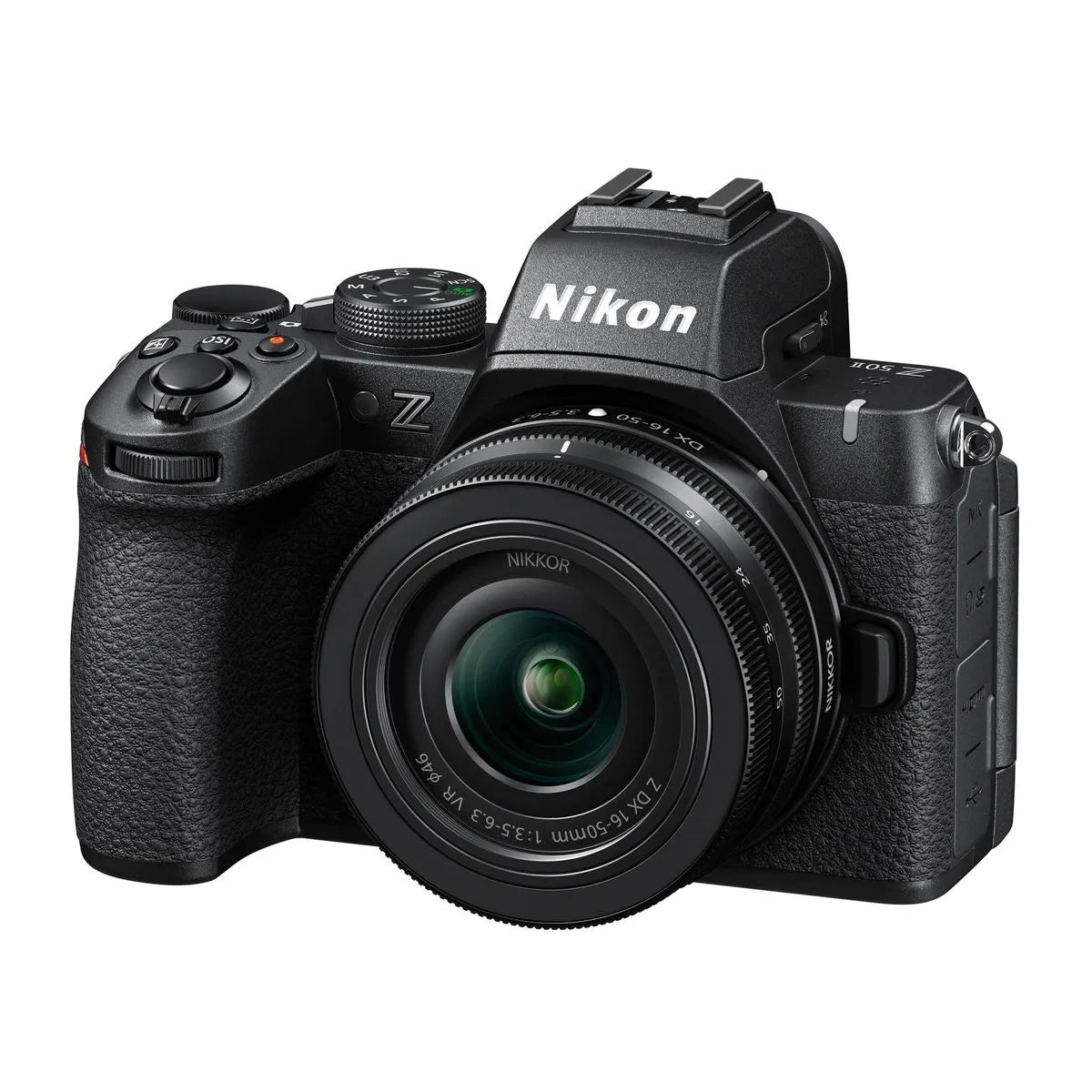 Black mirrorless camera front view with NIKKOR 16-50mm VR lens attached