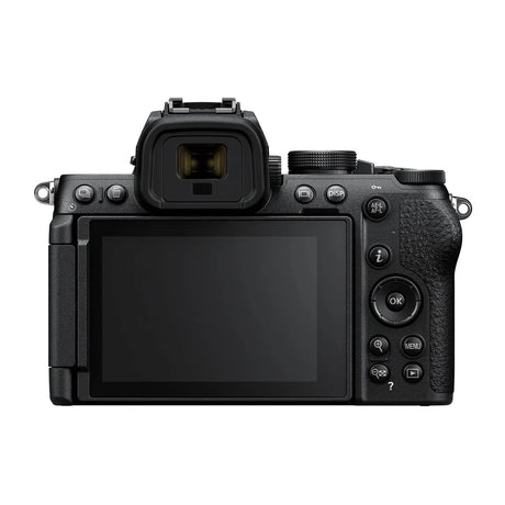 Mirrorless camera rear view with large LCD screen and control buttons