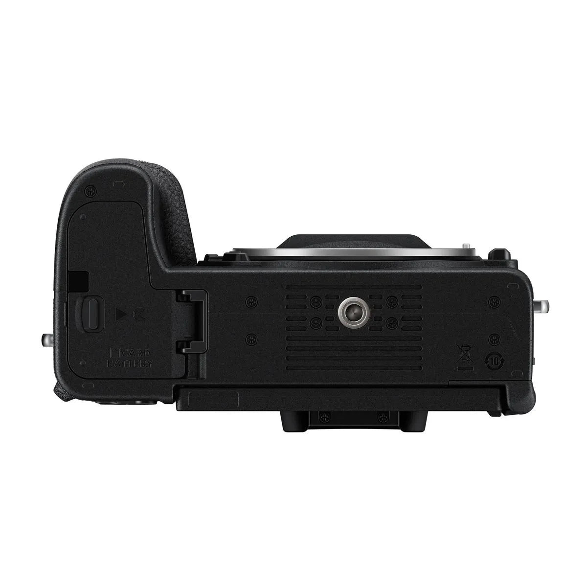 Mirrorless camera underside view with tripod mount and rear panel