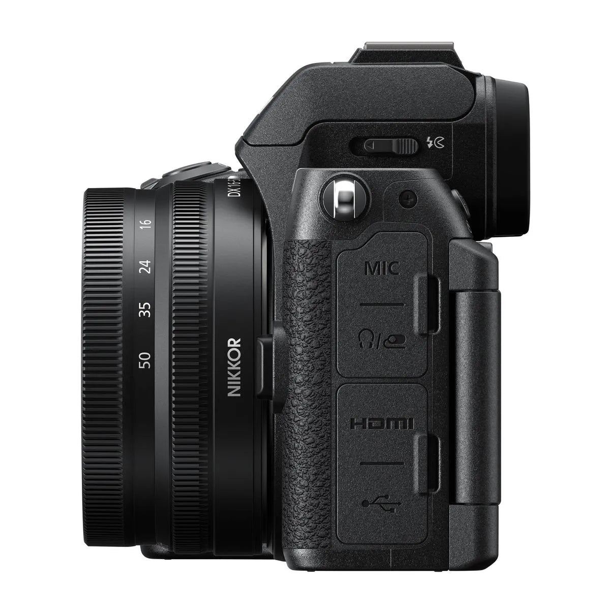 Camera side close-up with MIC and HDMI ports next to 16-50mm lens barrel
