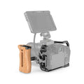 Camera cage kit with lateral wooden grip and monitor support platform, mounting brackets