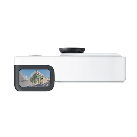 Cameră video POV albă cu ecran mic și carcasă rotunjită, montaj lateral.
