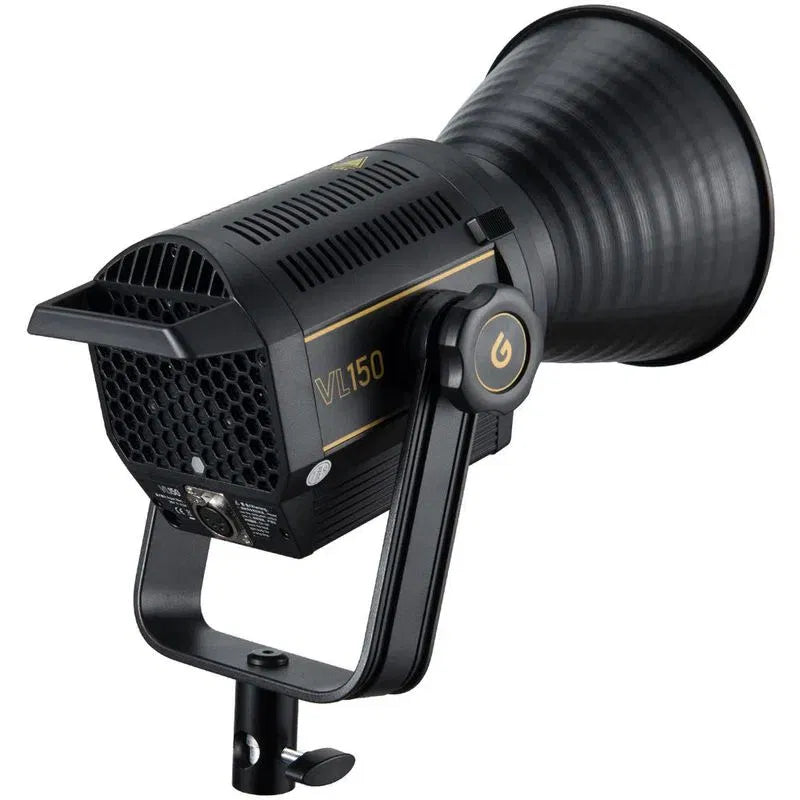 Black VL150 LED video light head with front grille and control dial, side view