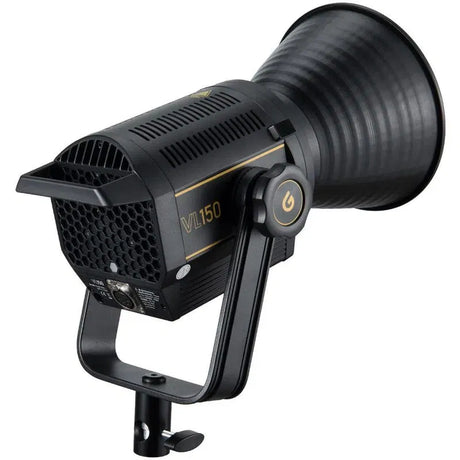 Black VL150 LED video light head with front grille and control dial, side view