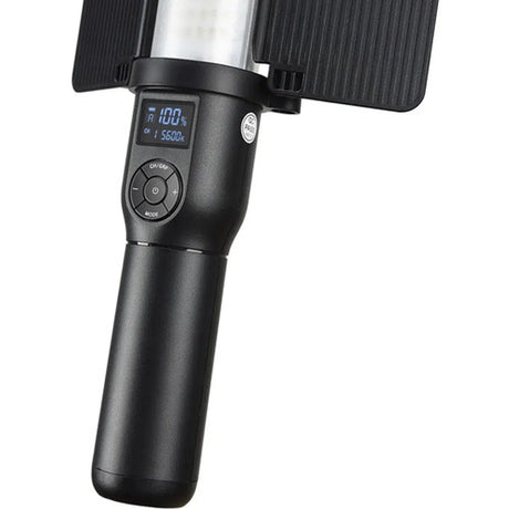 LED stick bicolor light close-up: LCD screen and button controls on black handle