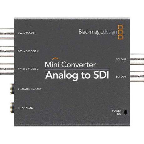 Mini Converter Analog to SDI rear panel with labeled SDI out ports and 12V power