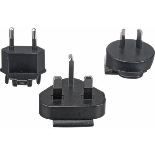 Black power adapter plug heads set: two-pin, flat-pin, and round prong