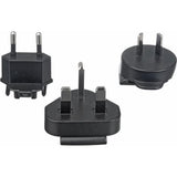 Black power adapter plug heads set: two-pin, flat-pin, and round prong
