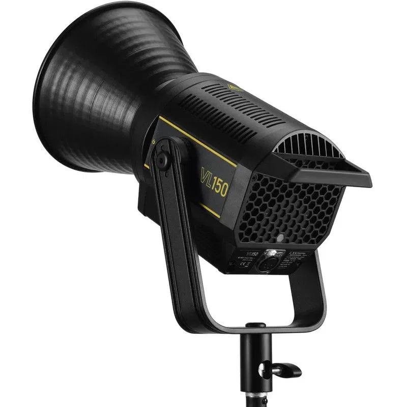 VL150 LED video light in 3/4 view, textured reflector grille and mounting handle