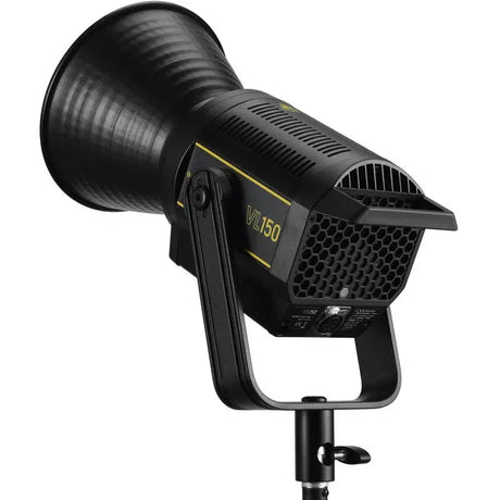 VL150 LED video light in 3/4 view, textured reflector grille and mounting handle