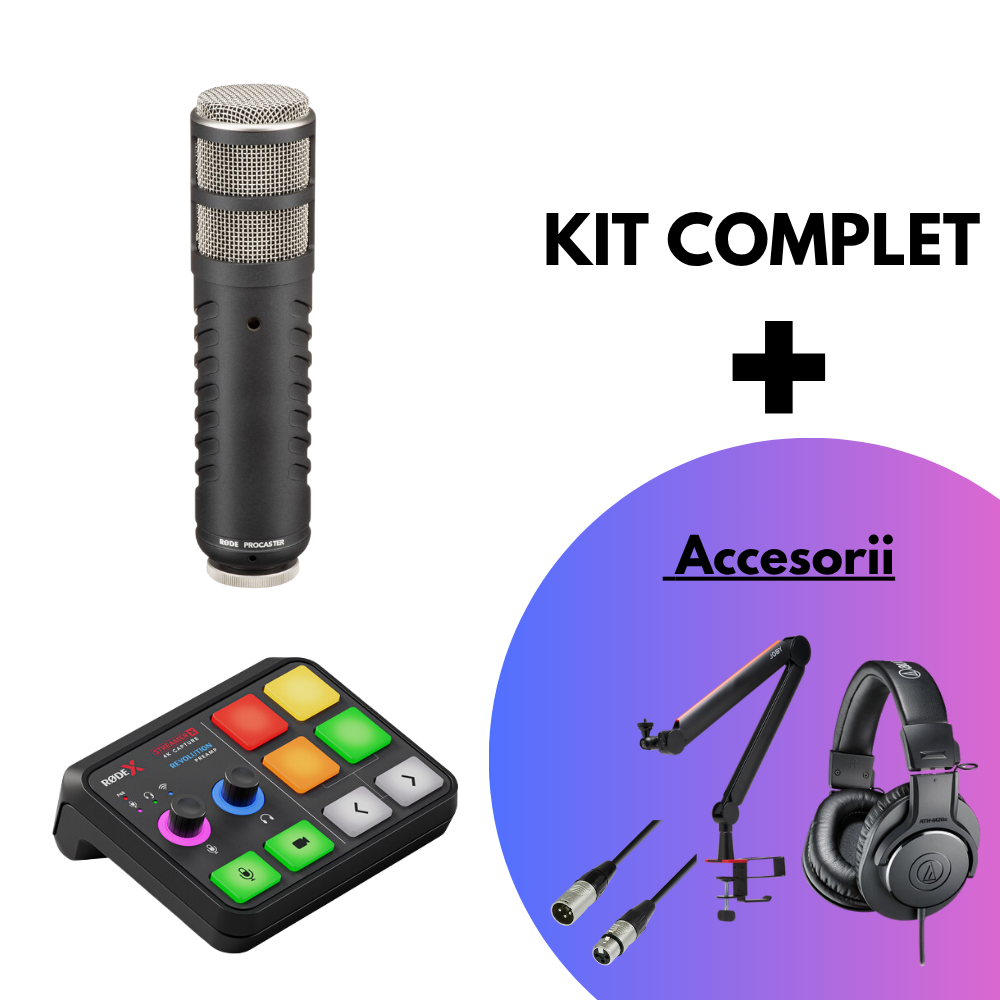 Black streaming microphone with control pad interface, boom arm, and over-ear headphones