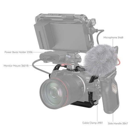 Camera cage with top handle and monitor mount; shows mic, cable clamp, and side grips