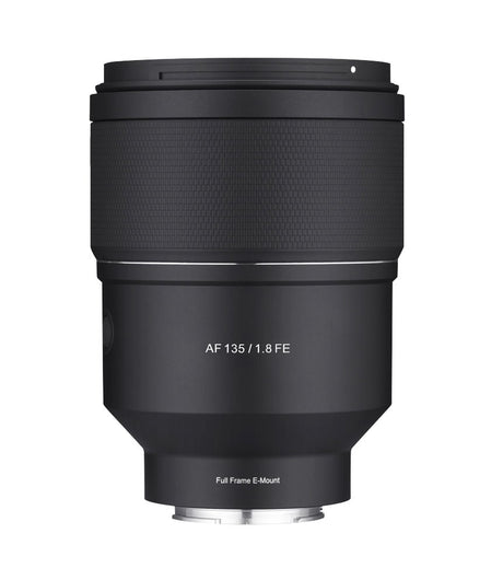 Black AF 135mm f/1.8 FE full-frame E-mount camera lens, front view