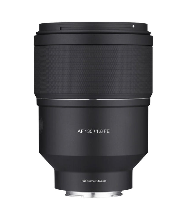Black AF 135mm f/1.8 FE full-frame E-mount camera lens, front view