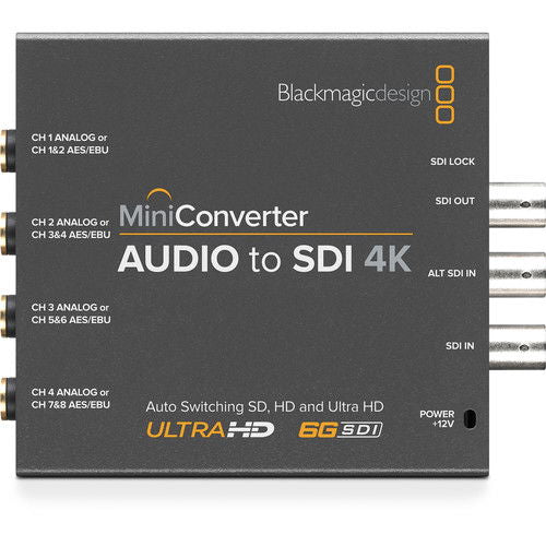 MiniConverter Audio to SDI 4K front panel with SDI IN/OUT and power connections
