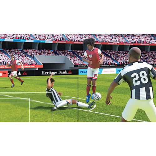 Soccer broadcast scene with stadium players and match footage display